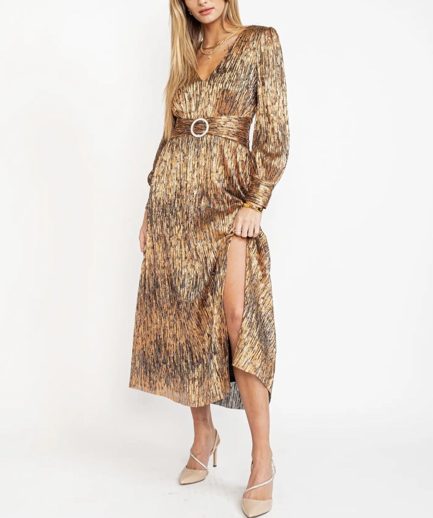 Gold Foil Printed Ruched Crystal Belted Dress