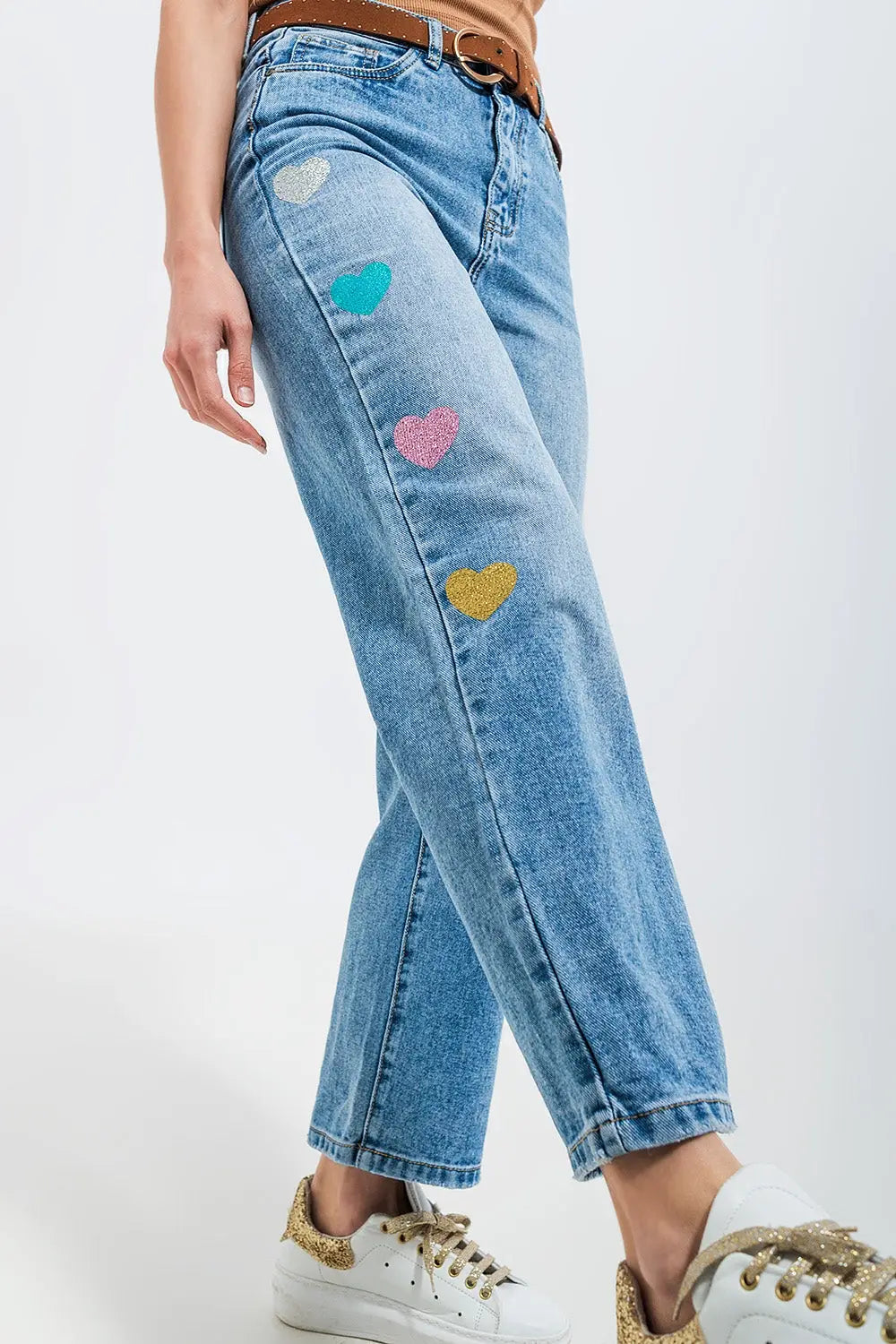 High Waisted Straight Leg Jeans with Heart Print in Mid Wash
