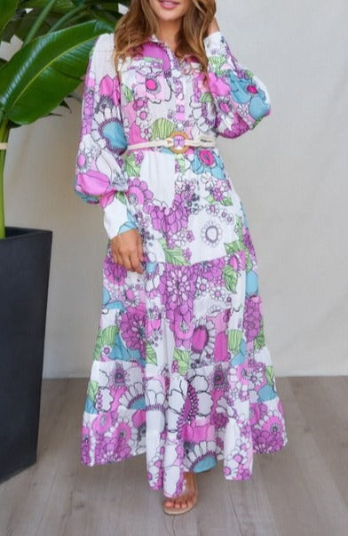 Long Sleeve with Buttoned Cuffs Dress - Fuchsia