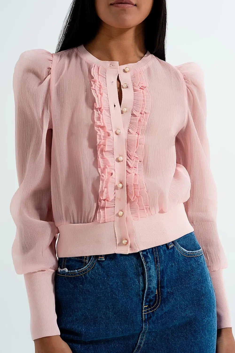 Ruffle front chiffon cardigan in pink