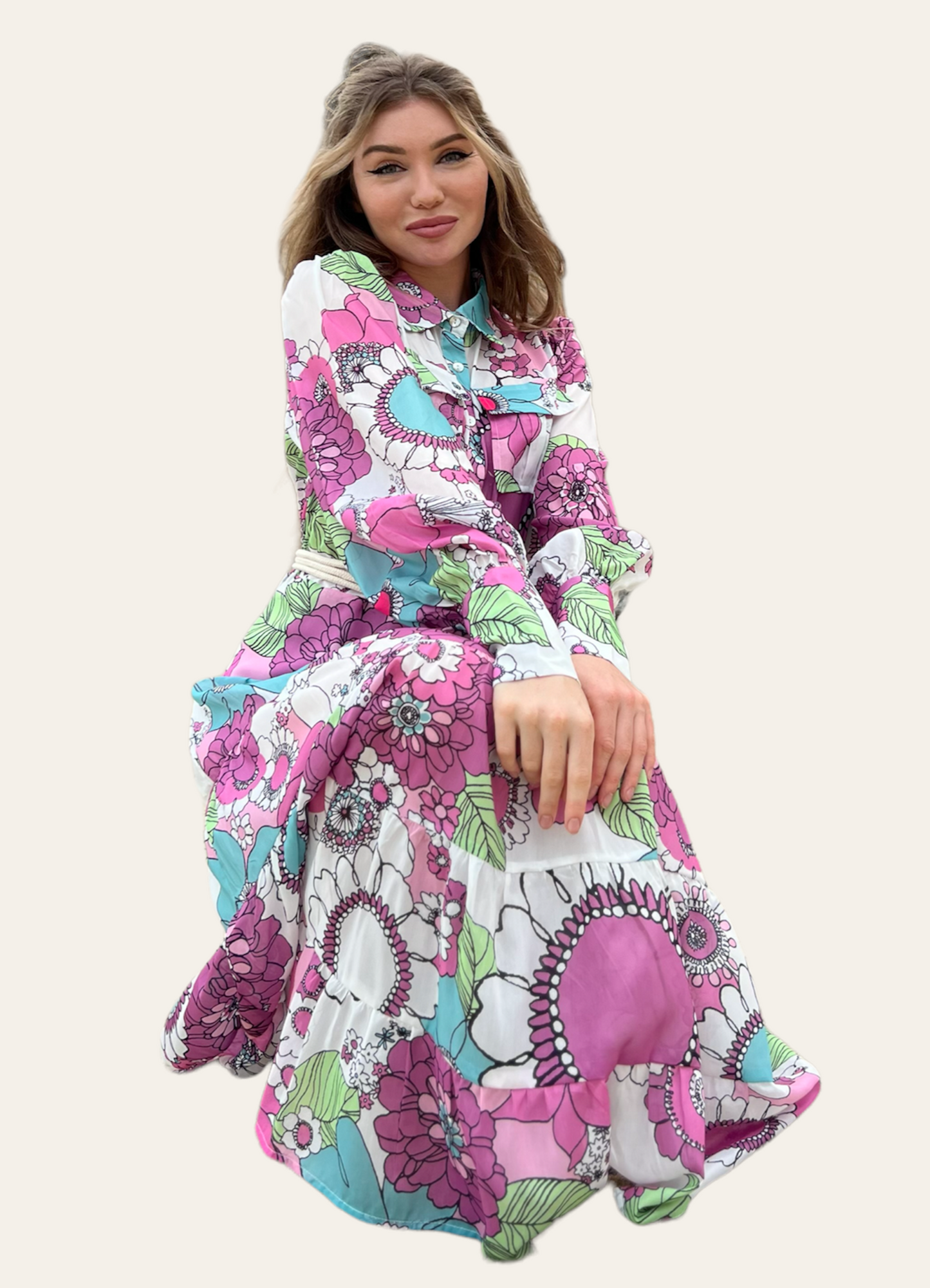 Long Sleeve with Buttoned Cuffs Dress - Fuchsia