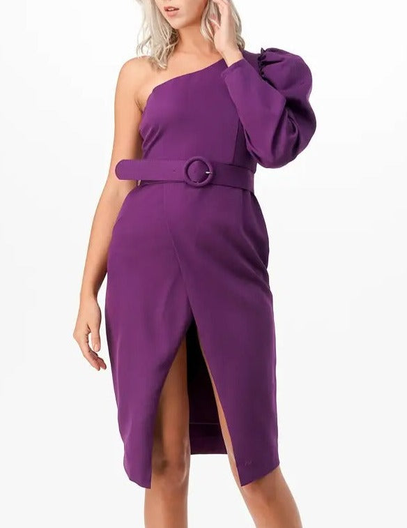 One Shoulder Belted Midi Dress