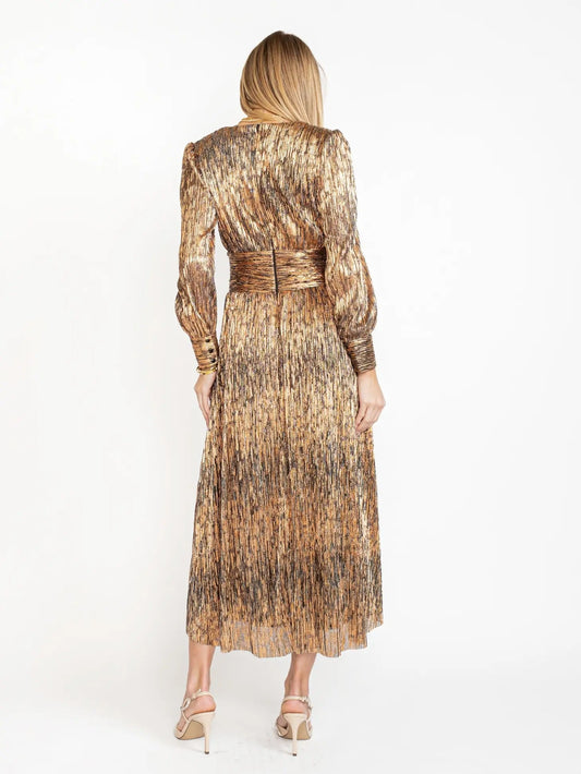 Gold Foil Printed Ruched Crystal Belted Dress