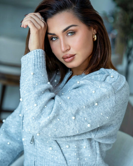 Pearl Embellished Knit Zip Jacket Light Grey