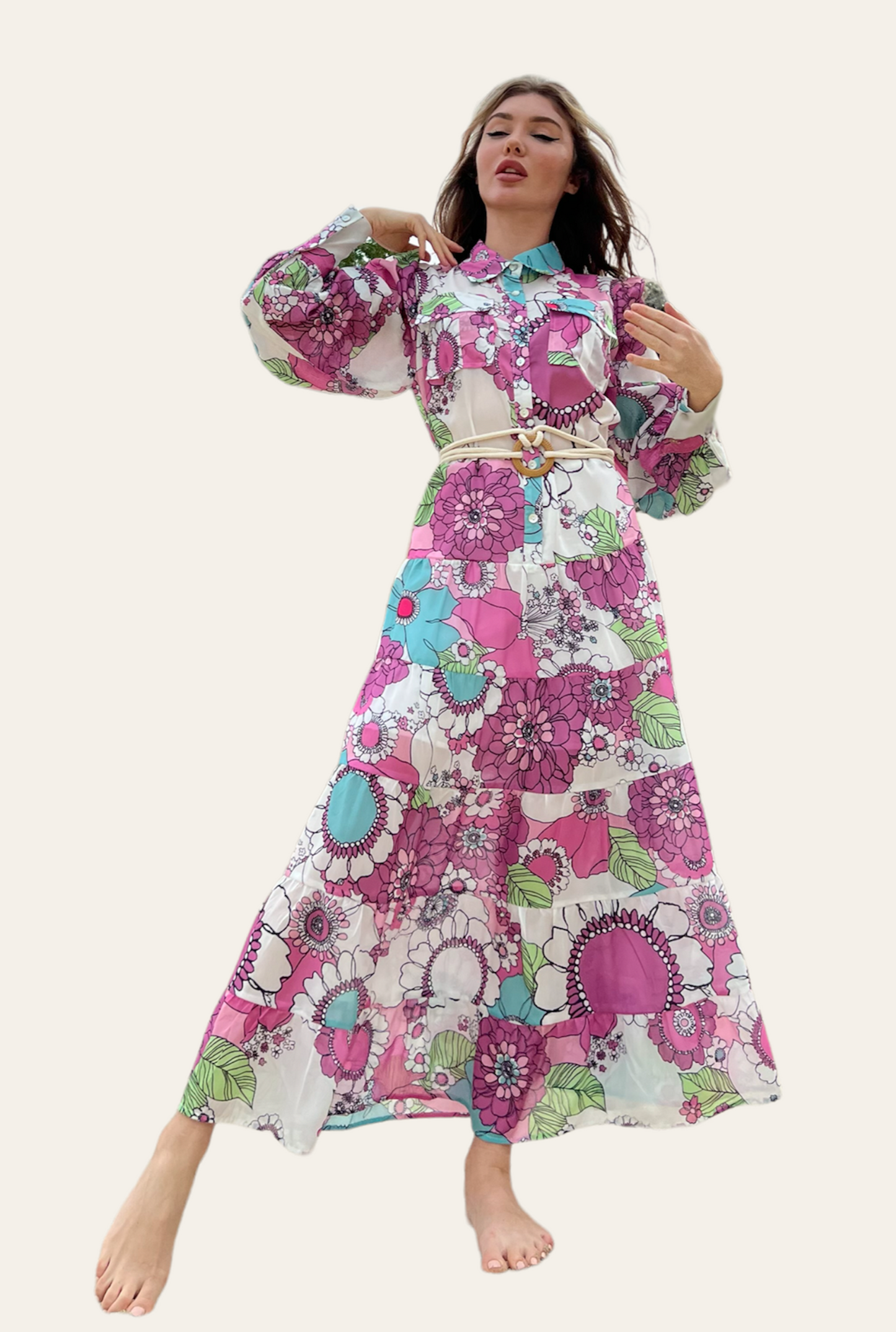 Long Sleeve with Buttoned Cuffs Dress - Fuchsia
