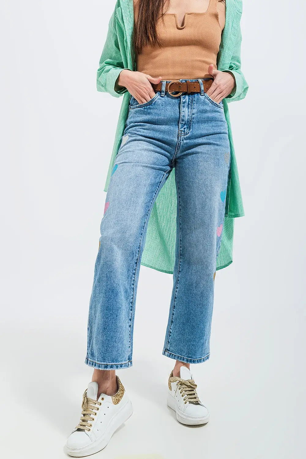 High Waisted Straight Leg Jeans with Heart Print in Mid Wash