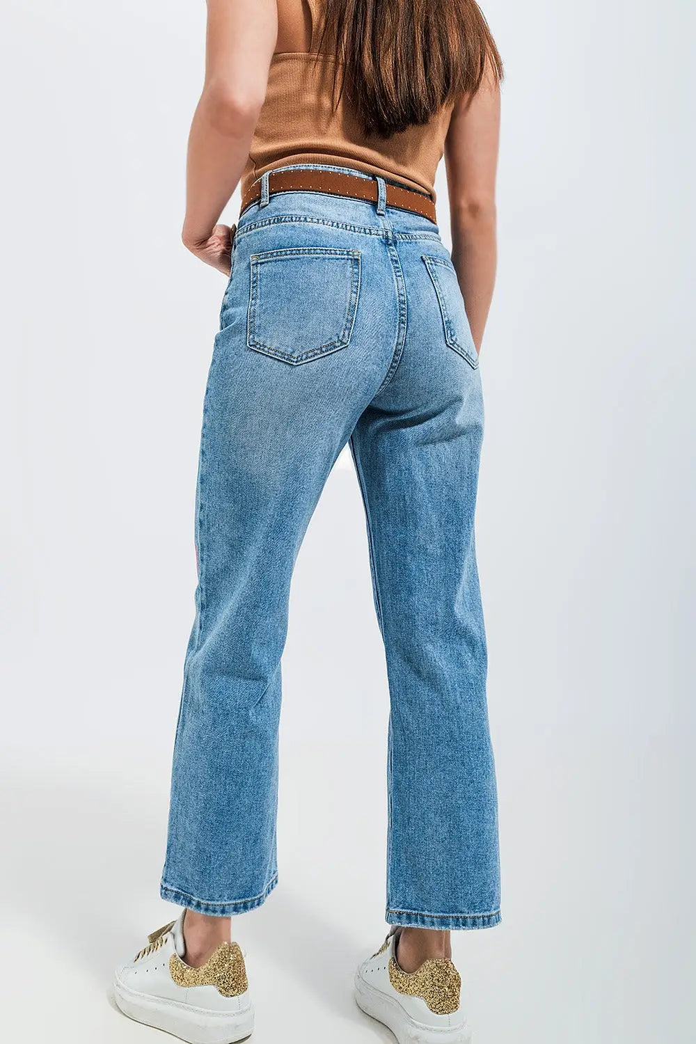 High Waisted Straight Leg Jeans with Heart Print in Mid Wash