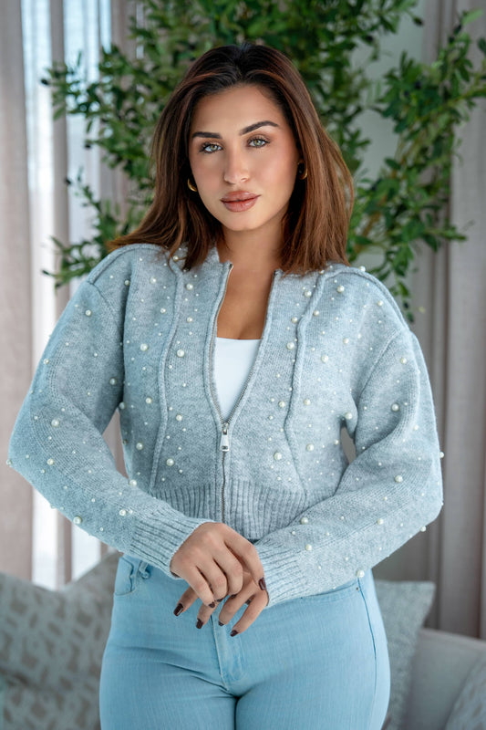 Pearl Embellished Knit Zip Jacket Light Grey