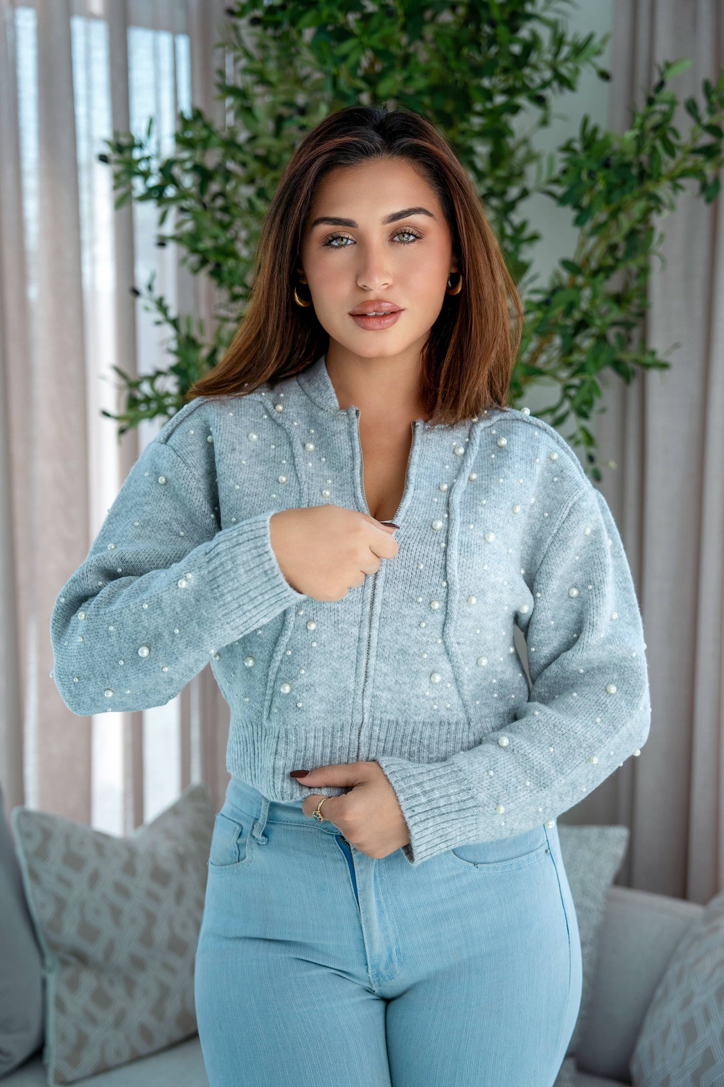 Pearl Embellished Knit Zip Jacket Light Grey