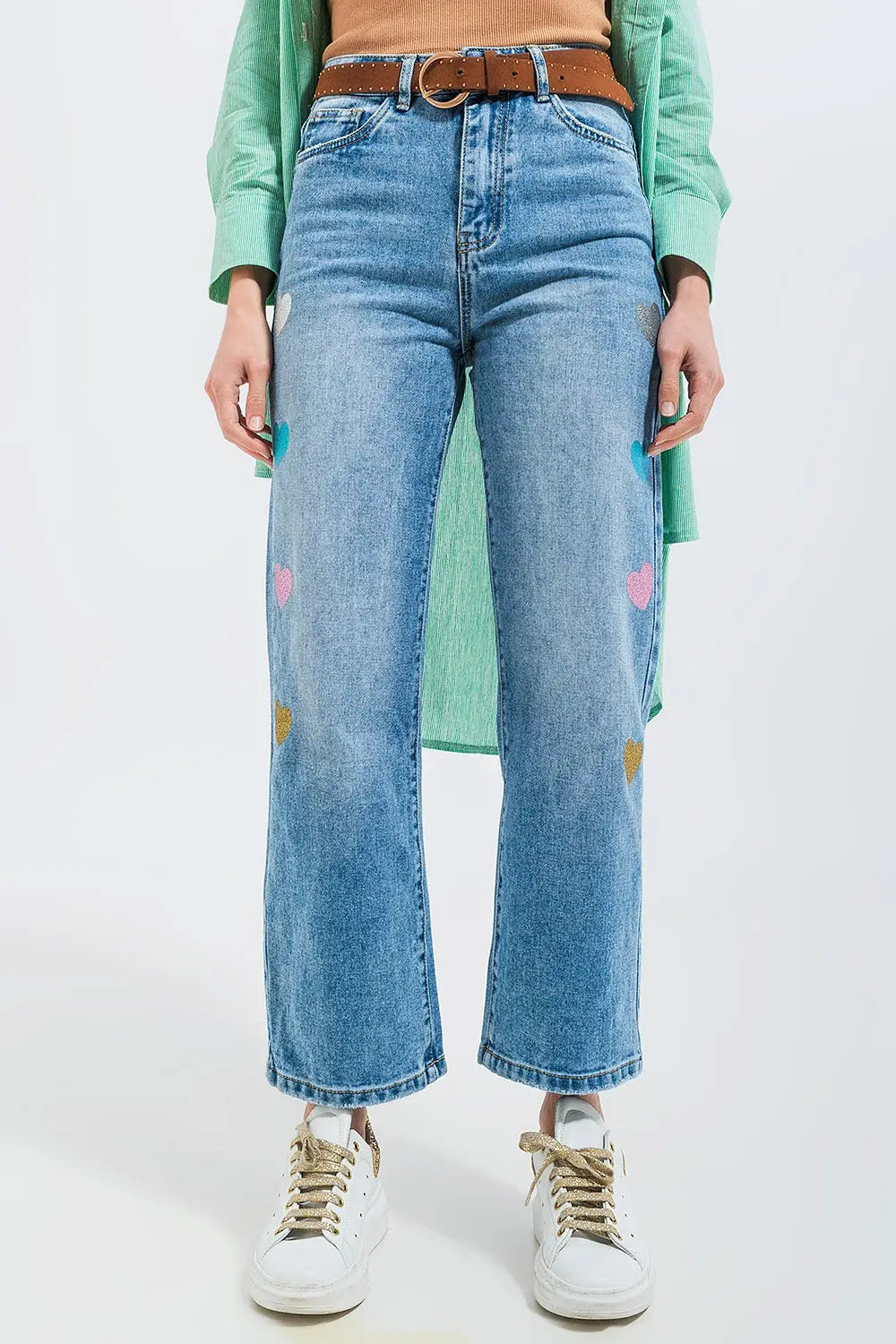 High Waisted Straight Leg Jeans with Heart Print in Mid Wash
