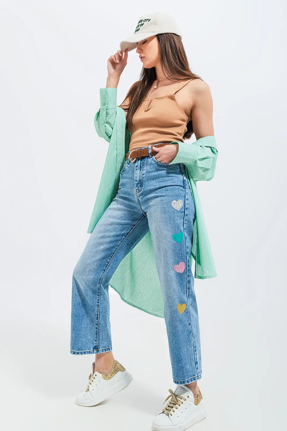 High Waisted Straight Leg Jeans with Heart Print in Mid Wash
