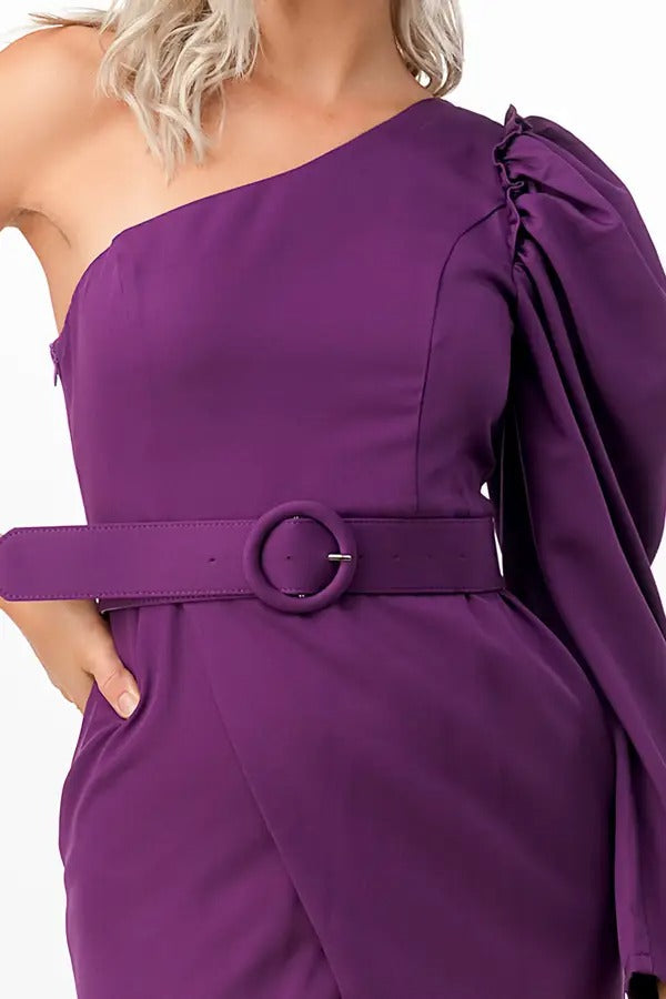 One Shoulder Belted Midi Dress