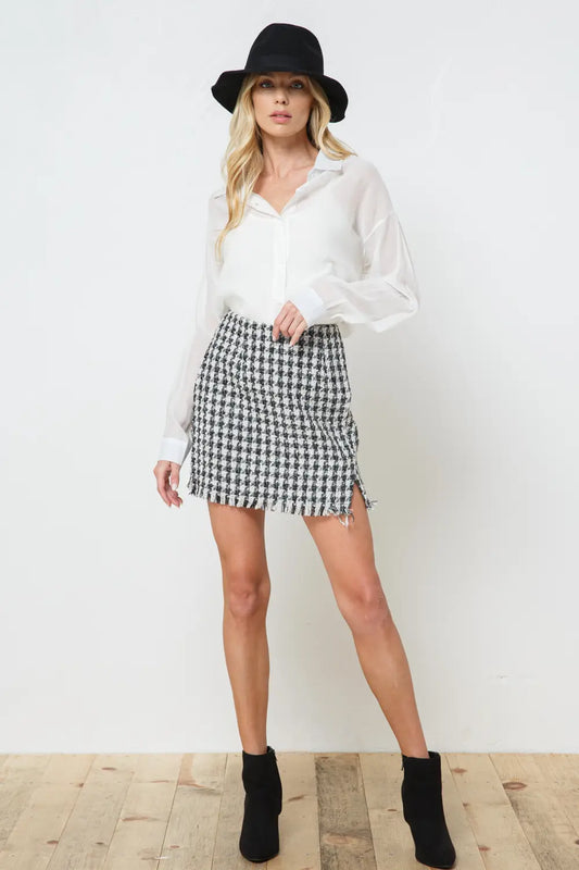 Houndstooth Boucle Tweed Slit Mini Skirt