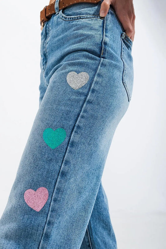 High Waisted Straight Leg Jeans with Heart Print in Mid Wash