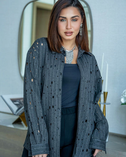 Cut-Out Pattern Long Sleeve Shirt – Charcoal Grey