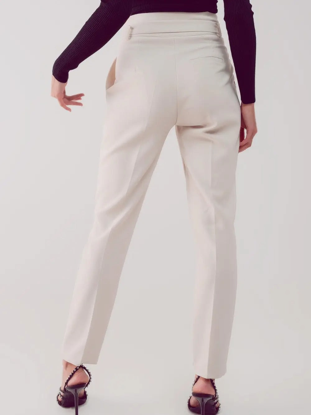Cigarette Cream Pants w/Paper-Bag Waist