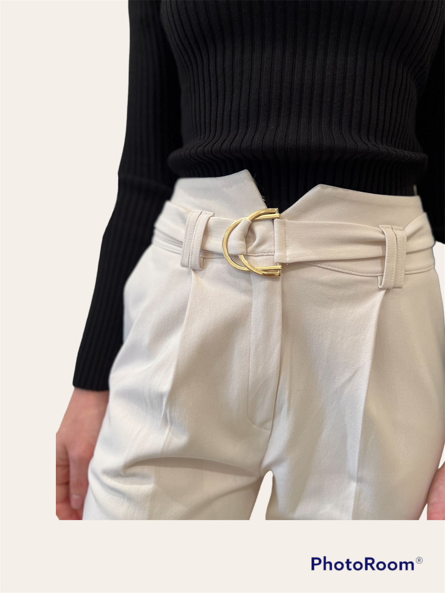 Cigarette Cream Pants w/Paper-Bag Waist