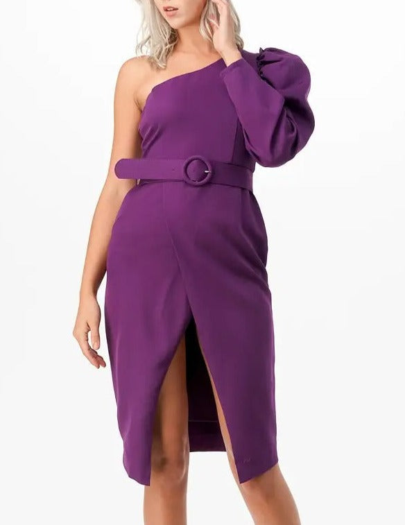 One Shoulder Belted Midi Dress