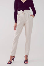 Cigarette Cream Pants w/Paper-Bag Waist