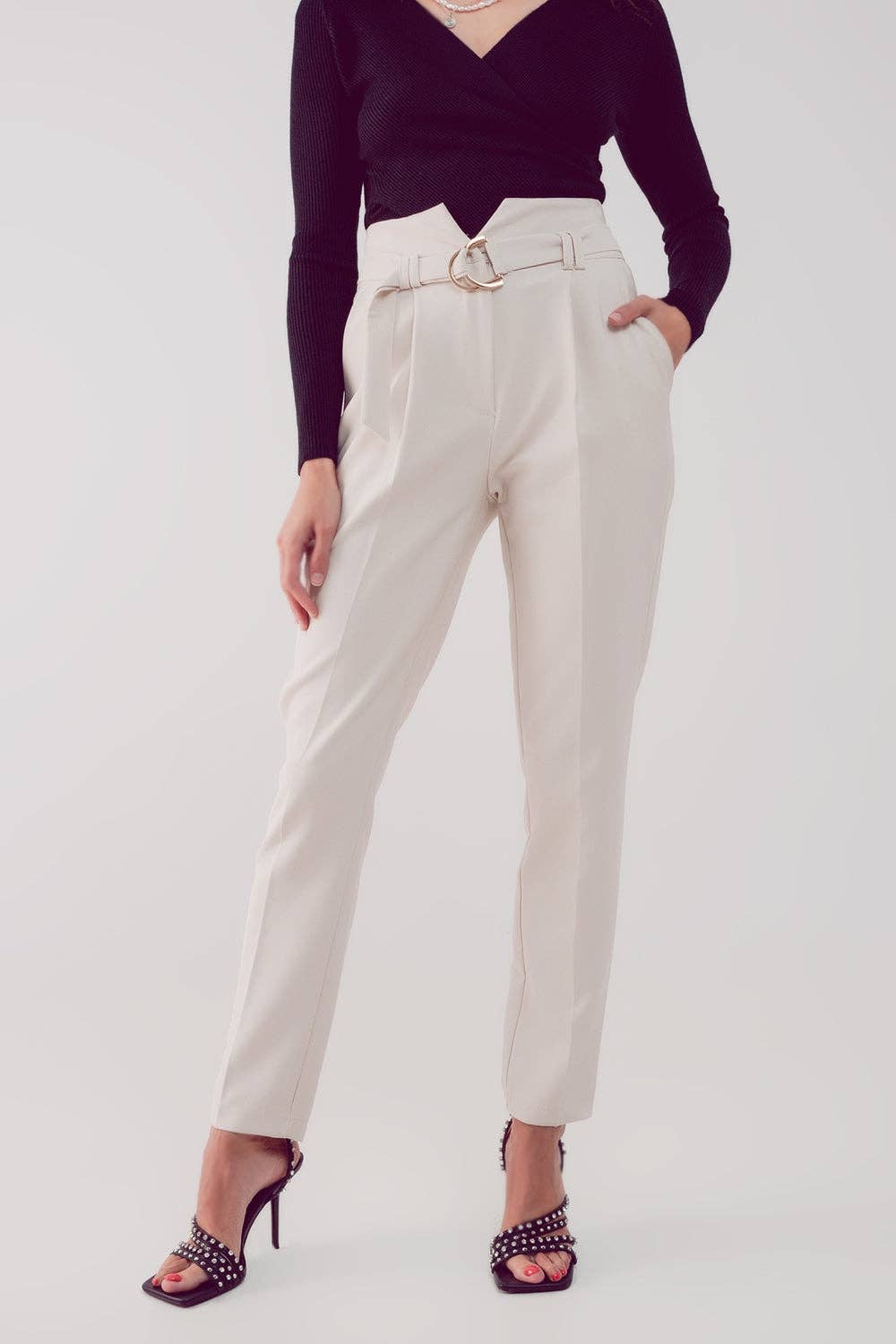Cigarette Cream Pants w/Paper-Bag Waist