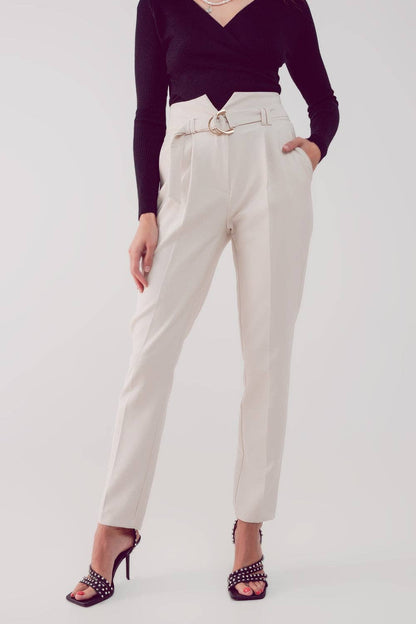 Cigarette Cream Pants w/Paper-Bag Waist