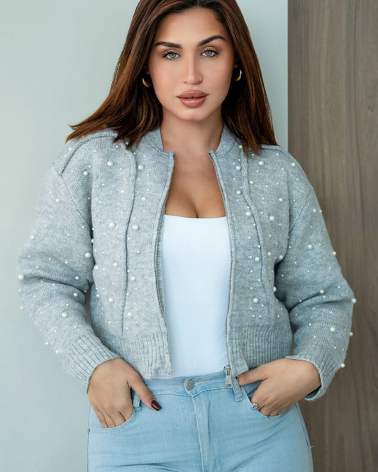 Pearl Embellished Knit Zip Jacket  Light Grey