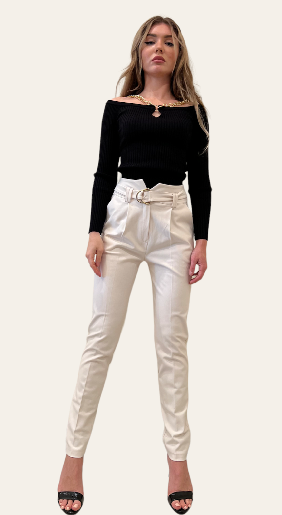 Cigarette Cream Pants w/Paper-Bag Waist