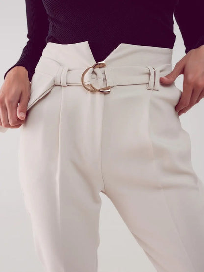 Cigarette Cream Pants w/Paper-Bag Waist