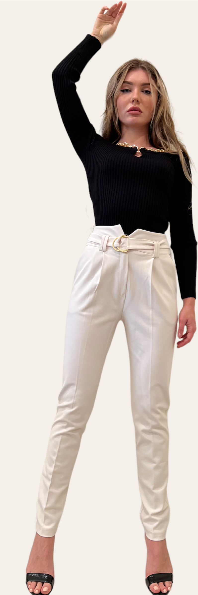 Cigarette Cream Pants w/Paper-Bag Waist