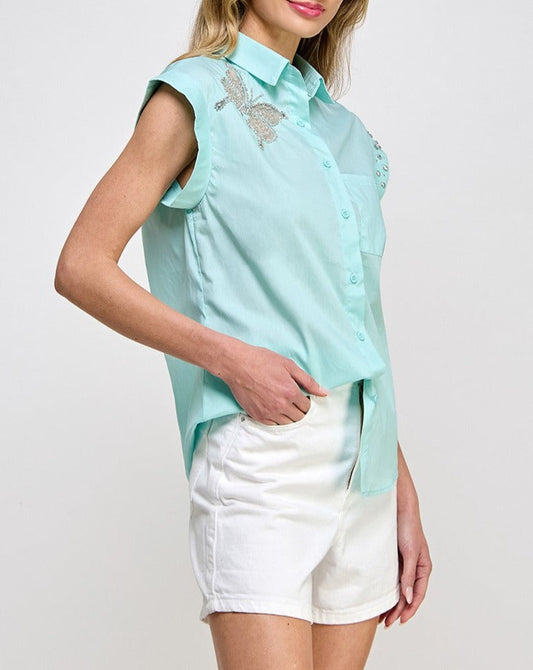 SHORT SLV RHINESTONE DETAIL BUTTON SHIRT