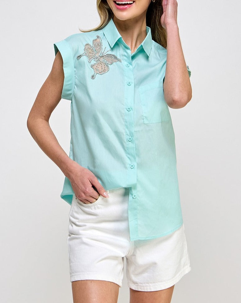 SHORT SLV RHINESTONE DETAIL BUTTON SHIRT