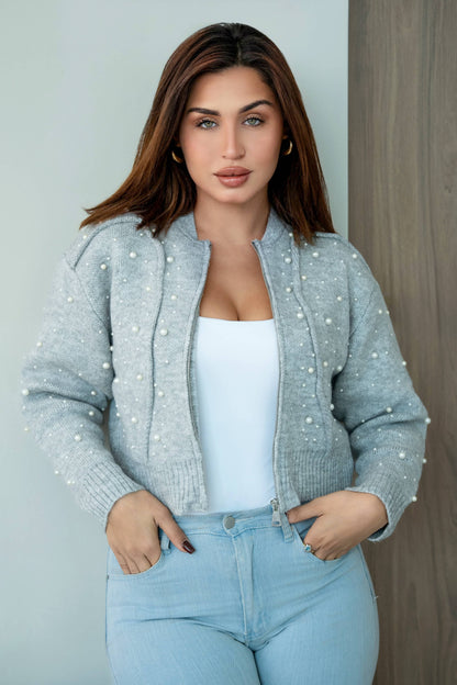 Pearl Embellished Knit Zip Jacket  Light Grey