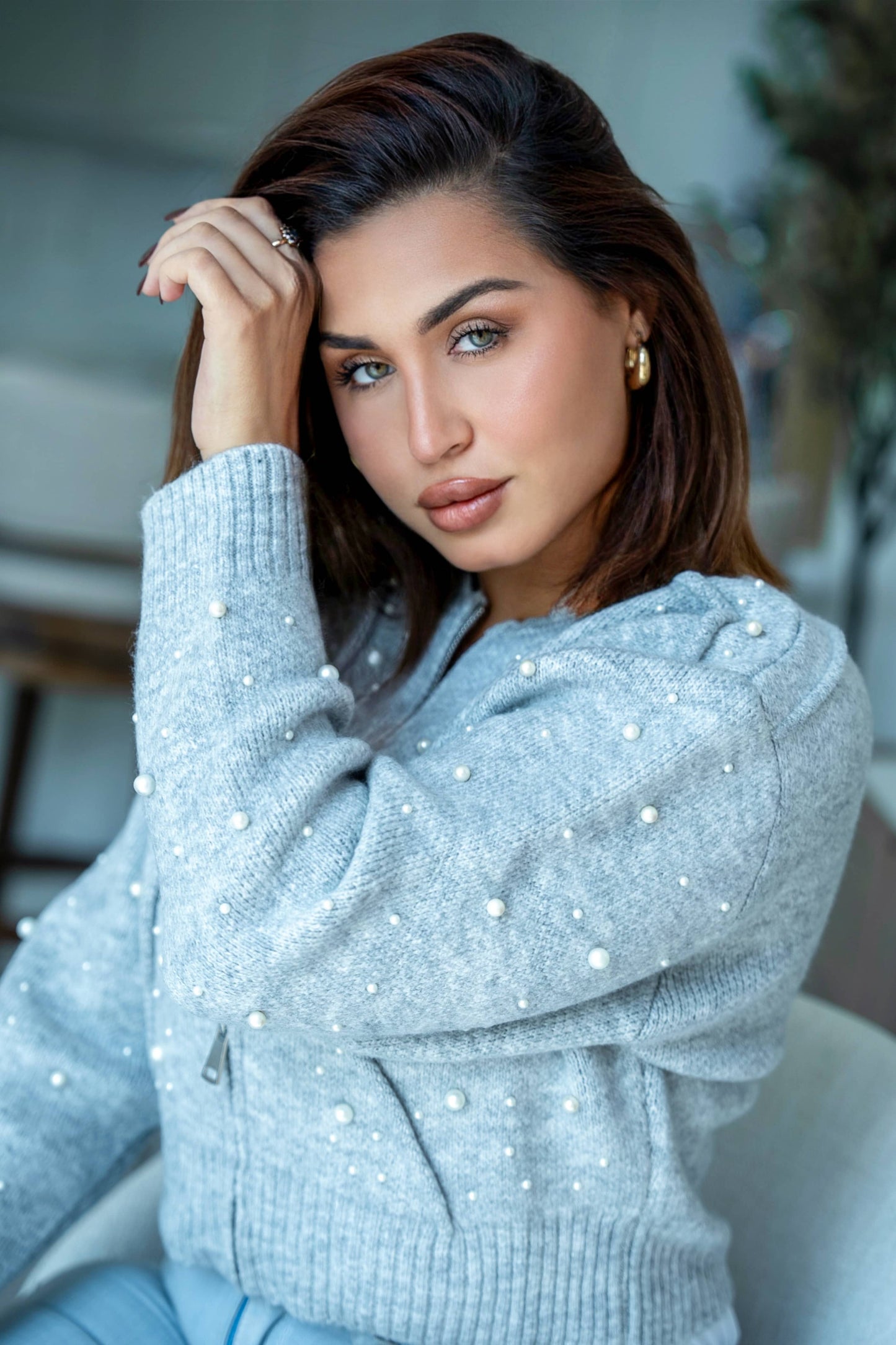 Pearl Embellished Knit Zip Jacket  Light Grey