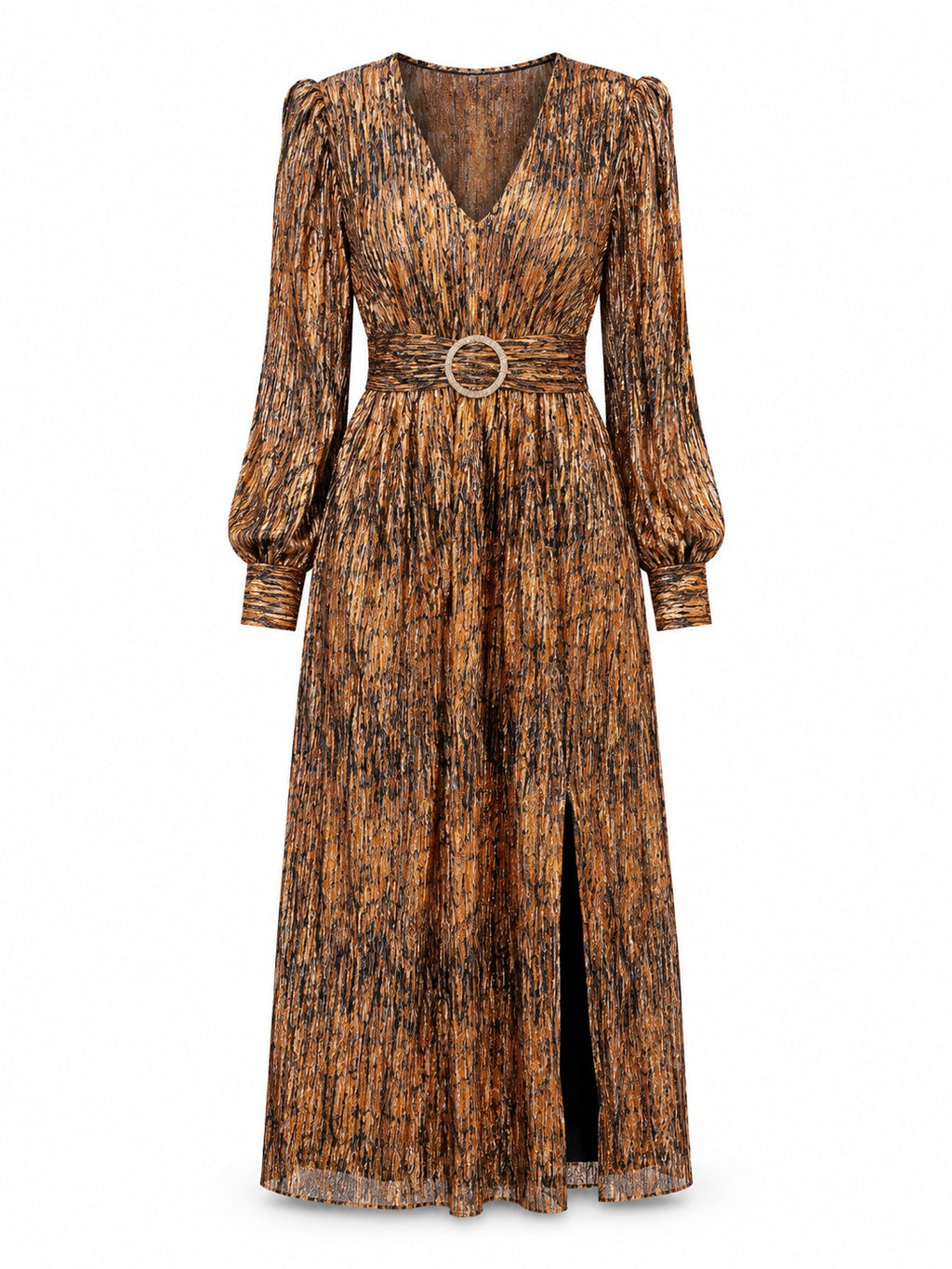 Gold Foil Printed Ruched Crystal Belted Dress