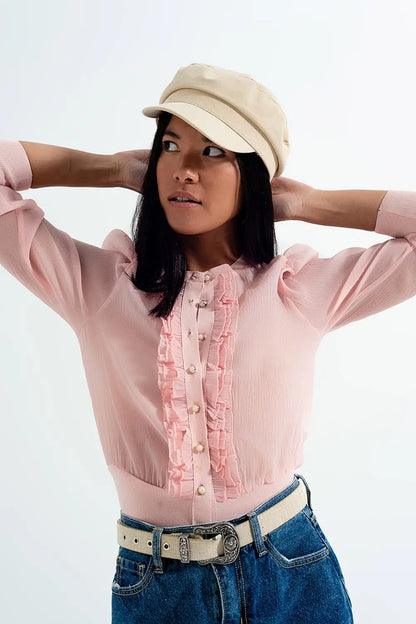 Ruffle front chiffon cardigan in pink