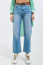 High Waisted Straight Leg Jeans with Heart Print in Mid Wash