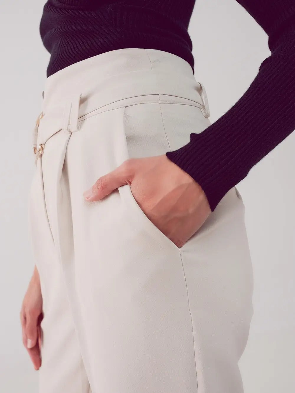 Cigarette Cream Pants w/Paper-Bag Waist